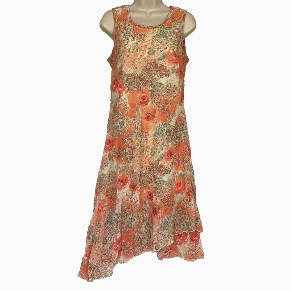 Vtg Giorgio Fiorlini Beaded Dress 12 Orange Floral Sheer Layered Flowy Fairy 90s